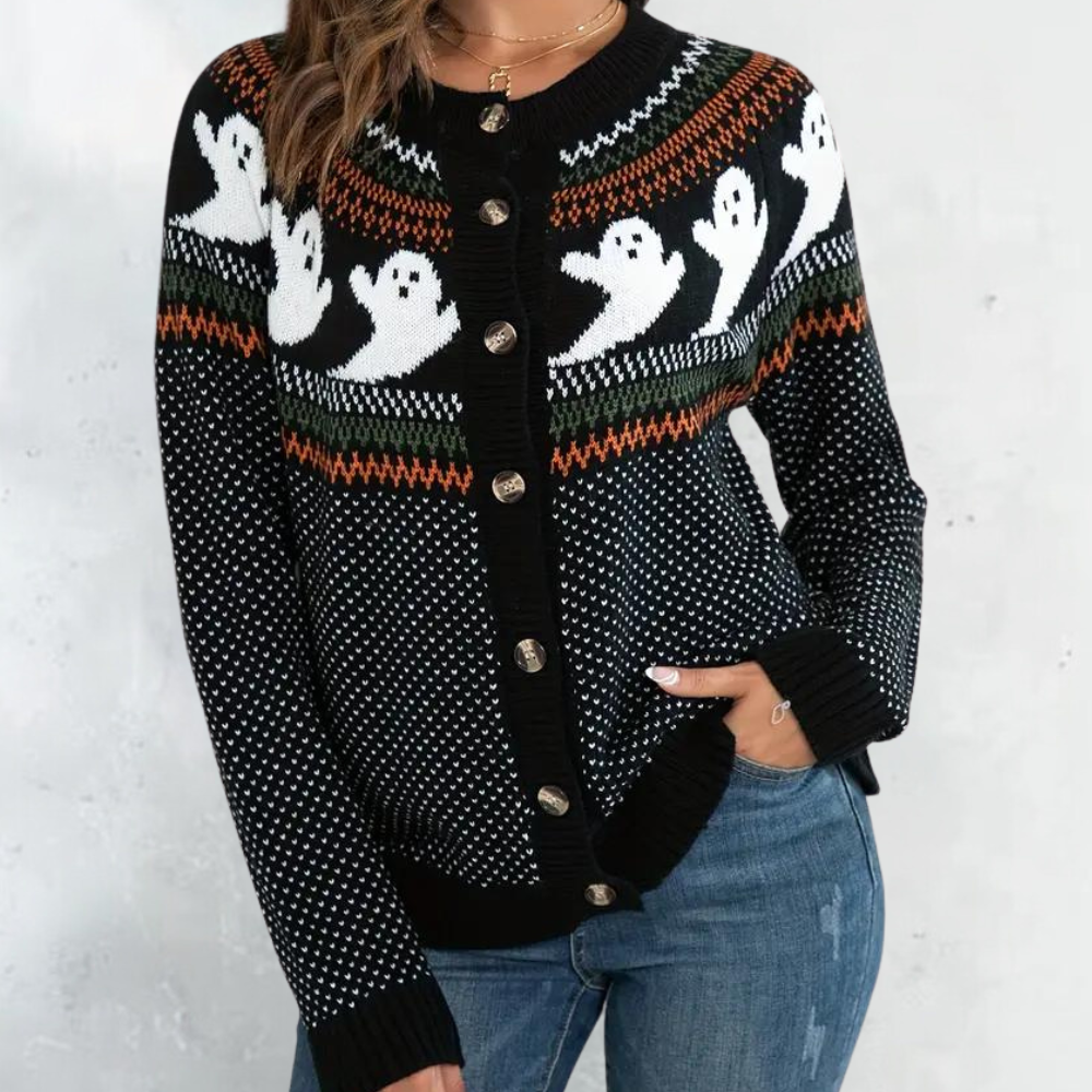 Cisca cardigan met Halloween-motieven, zachte en warme knit met open pasvorm. Perfecte herfsttrui voor casual looks en feestelijke gelegenheden.