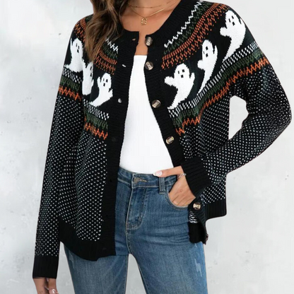 Cisca cardigan met Halloween-motieven, zachte en warme knit met open pasvorm. Perfecte herfsttrui voor casual looks en feestelijke gelegenheden.