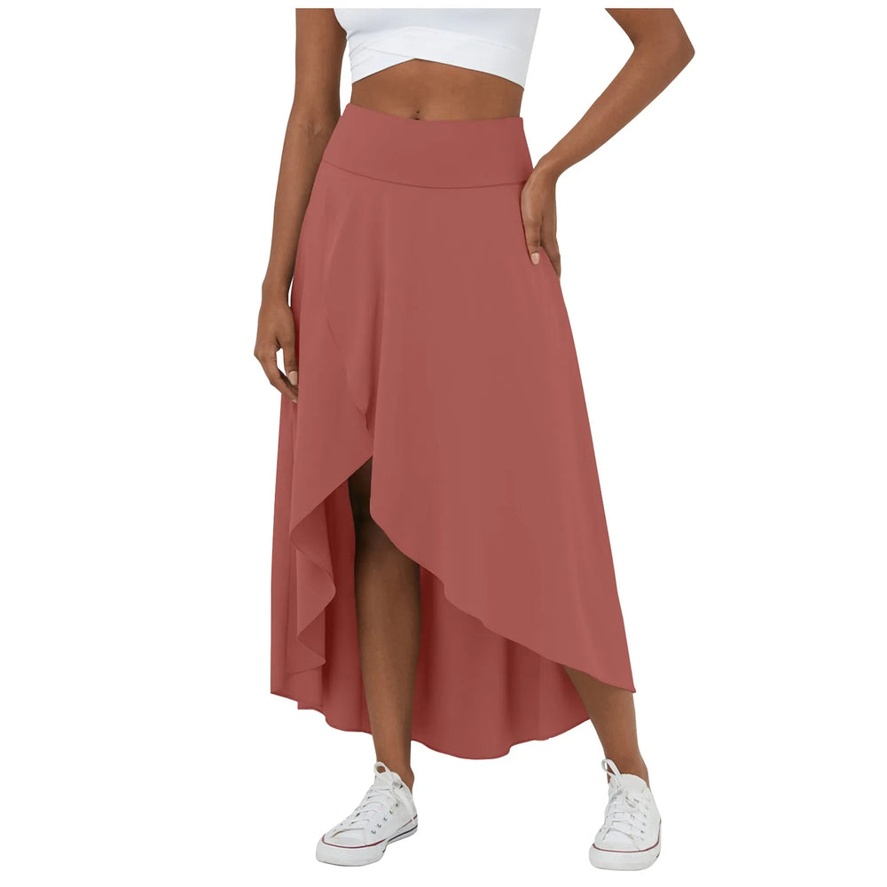 Libra | Elegante Gespleten Maxi Rok - Voeg stijl en comfort toe aan je garderobe met de Libra maxi rok. Ideaal voor elk seizoen dankzij het high-low ontwerp, ruches voor extra volume, en een elegante maxi-lengte. Perfect voor kantoor, avondjes uit of casual dagen. Gemaakt van duurzaam polyester in diverse kleuren: Khaki, Oranje, Roze, Blauw, Vermiljoen en Wijn. Verkrijgbaar in maten XS-XL. Upgrade je looks met deze tijdloze must-have!