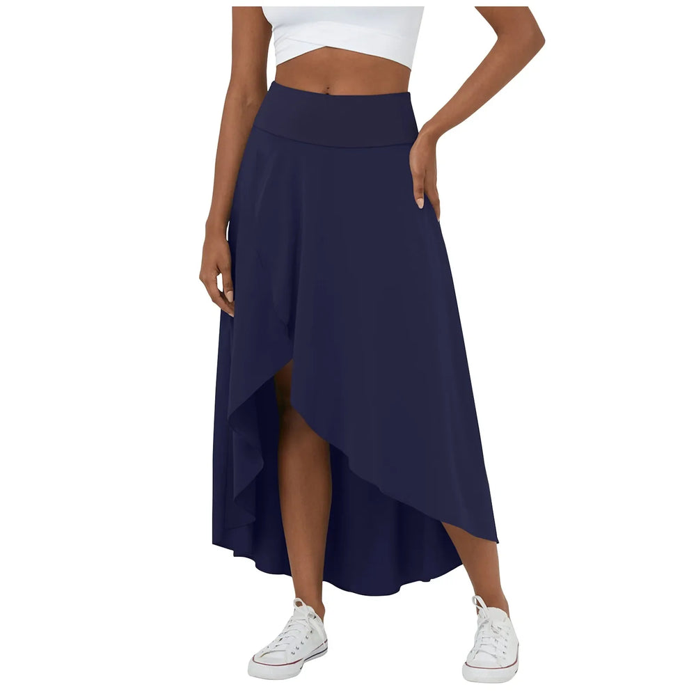 Libra | Elegante Gespleten Maxi Rok - Voeg stijl en comfort toe aan je garderobe met de Libra maxi rok. Ideaal voor elk seizoen dankzij het high-low ontwerp, ruches voor extra volume, en een elegante maxi-lengte. Perfect voor kantoor, avondjes uit of casual dagen. Gemaakt van duurzaam polyester in diverse kleuren: Khaki, Oranje, Roze, Blauw, Vermiljoen en Wijn. Verkrijgbaar in maten XS-XL. Upgrade je looks met deze tijdloze must-have!