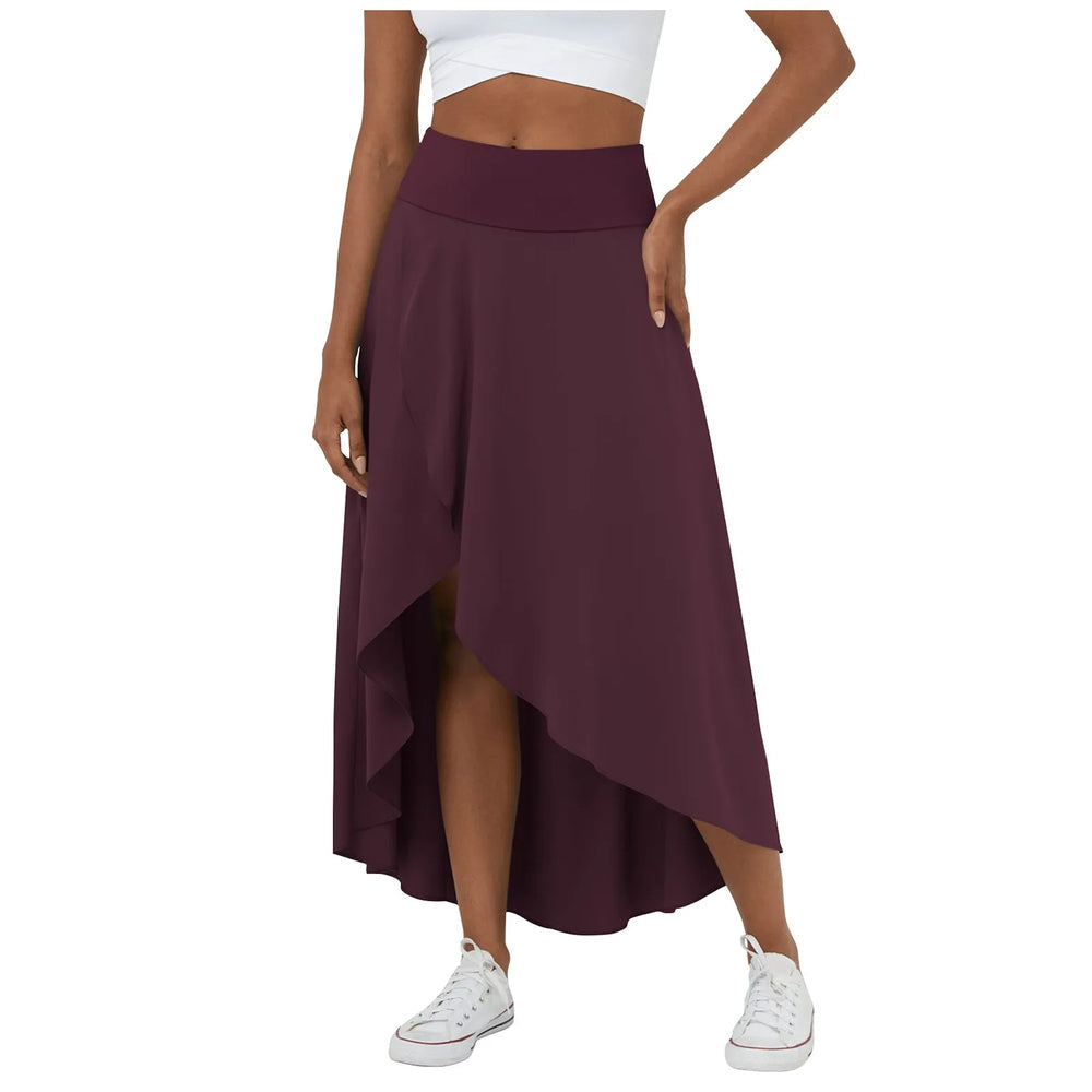 Libra | Elegante Gespleten Maxi Rok - Voeg stijl en comfort toe aan je garderobe met de Libra maxi rok. Ideaal voor elk seizoen dankzij het high-low ontwerp, ruches voor extra volume, en een elegante maxi-lengte. Perfect voor kantoor, avondjes uit of casual dagen. Gemaakt van duurzaam polyester in diverse kleuren: Khaki, Oranje, Roze, Blauw, Vermiljoen en Wijn. Verkrijgbaar in maten XS-XL. Upgrade je looks met deze tijdloze must-have!