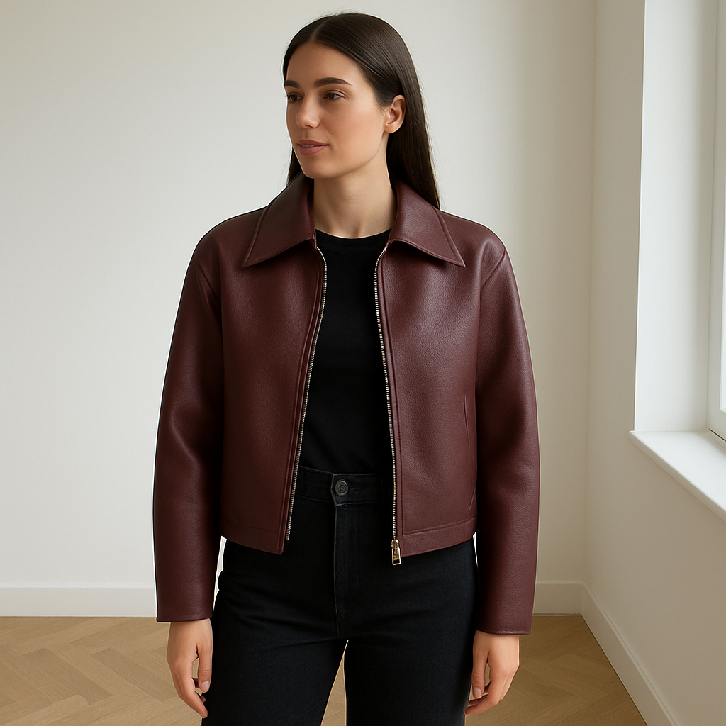 Bordeauxrode oversized damesjas van kunstleer met zilverkleurige rits, gedragen door vrouw in COS/Zara setting, stijlvolle herfst- of winterjas met moderne pasvorm.