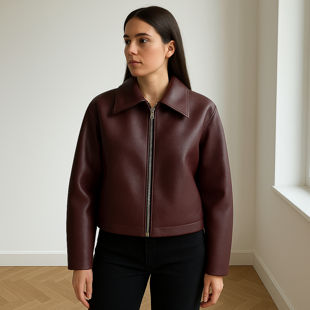 Bordeauxrode oversized damesjas van kunstleer met zilverkleurige rits, gedragen door vrouw in COS/Zara setting, stijlvolle herfst- of winterjas met moderne pasvorm.