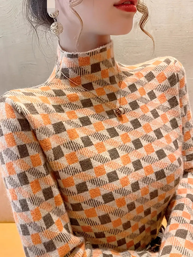 Capri sweater met geometrisch patroon – een stijlvolle en comfortabele must-have voor koelere dagen. Met een knusse turtleneck en levendige kleuren in groen, oranje en rood biedt deze trui warmte en een trendy uitstraling. Perfect voor casual uitjes, gezellige bijeenkomsten of om kleur toe te voegen aan je dagelijkse look. Combineer moeiteloos met jeans, rokken of broeken. Verkrijgbaar in maten S-XL. Voeg levendigheid en comfort toe aan je garderobe met de Capri. Bestel nu!