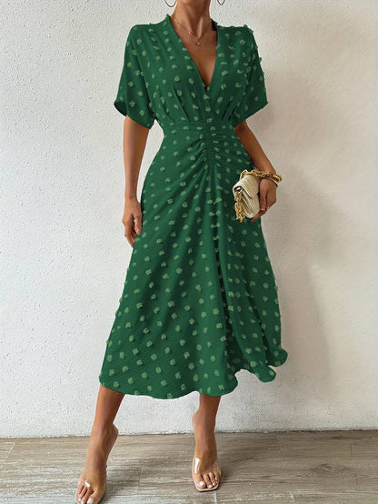 Indigo | Midi-jurk met stippen en ruches