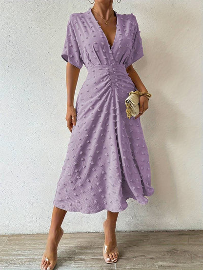 Indigo | Midi-jurk met stippen en ruches