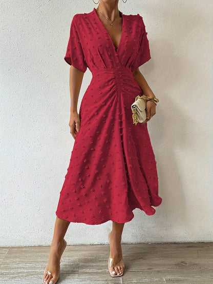 Indigo | Midi-jurk met stippen en ruches