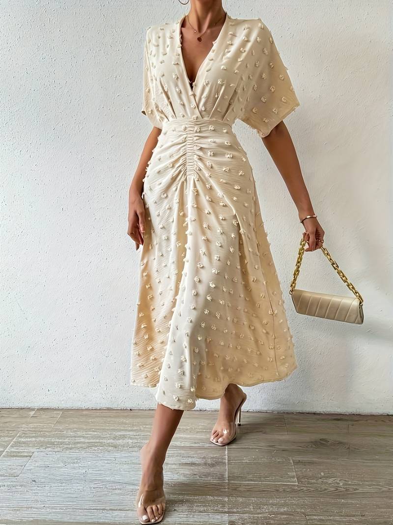 Indigo | Midi-jurk met stippen en ruches