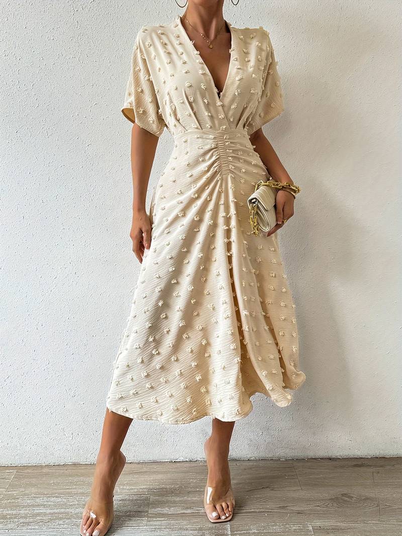 Indigo | Midi-jurk met stippen en ruches