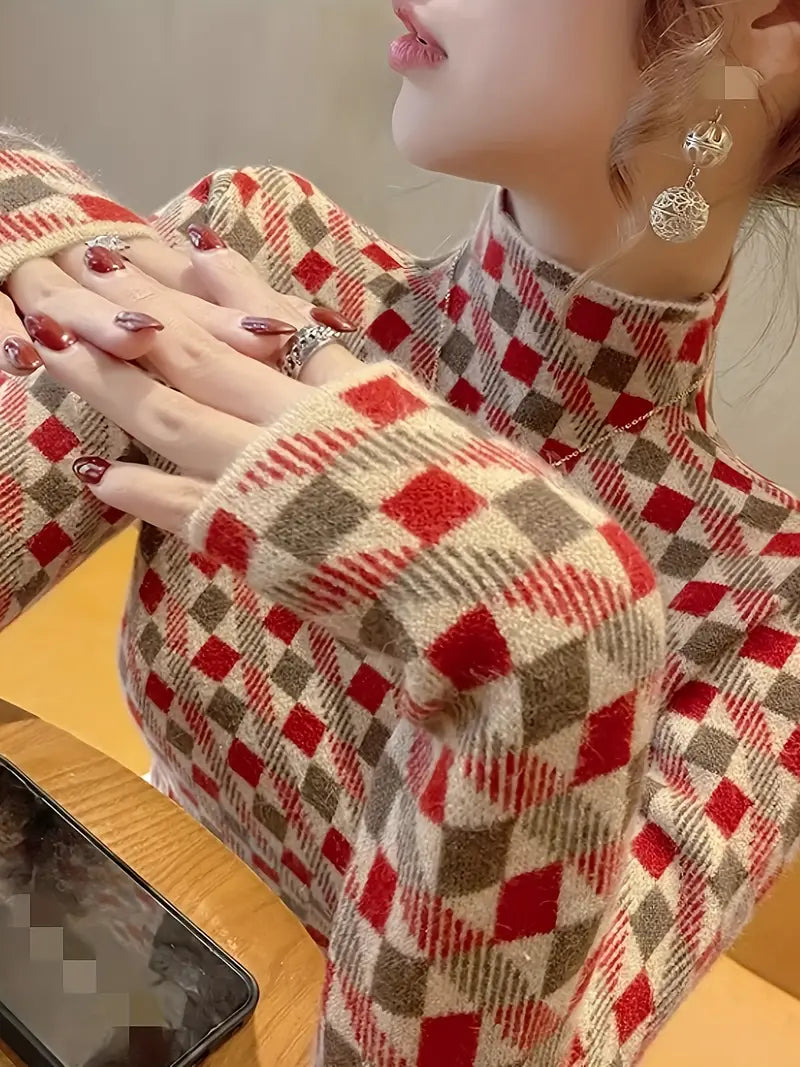 Capri sweater met geometrisch patroon – een stijlvolle en comfortabele must-have voor koelere dagen. Met een knusse turtleneck en levendige kleuren in groen, oranje en rood biedt deze trui warmte en een trendy uitstraling. Perfect voor casual uitjes, gezellige bijeenkomsten of om kleur toe te voegen aan je dagelijkse look. Combineer moeiteloos met jeans, rokken of broeken. Verkrijgbaar in maten S-XL. Voeg levendigheid en comfort toe aan je garderobe met de Capri. Bestel nu!